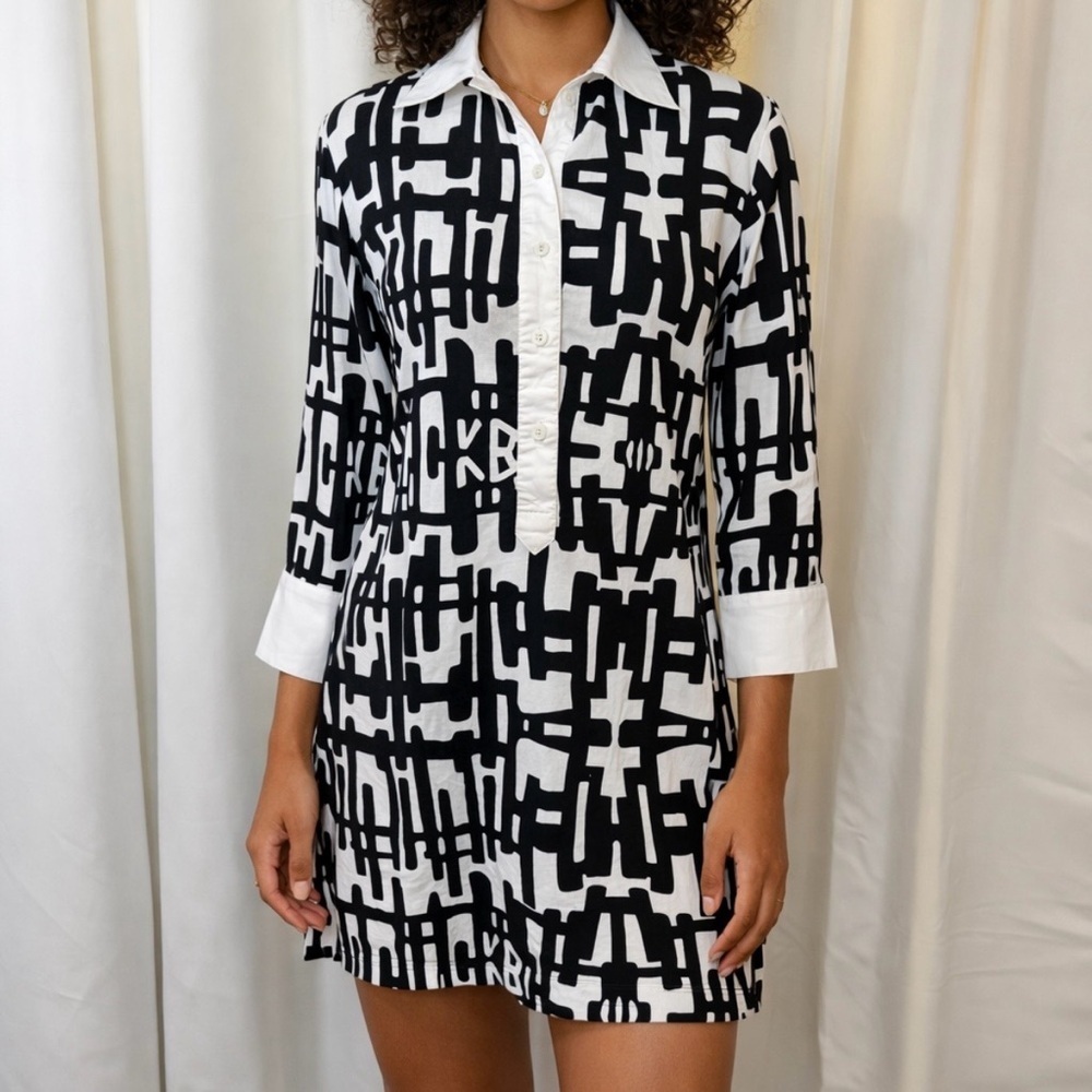 CK Bradley ‘Ivy’ Button-Up Dress in Black & White Retro Abstract Print Size M